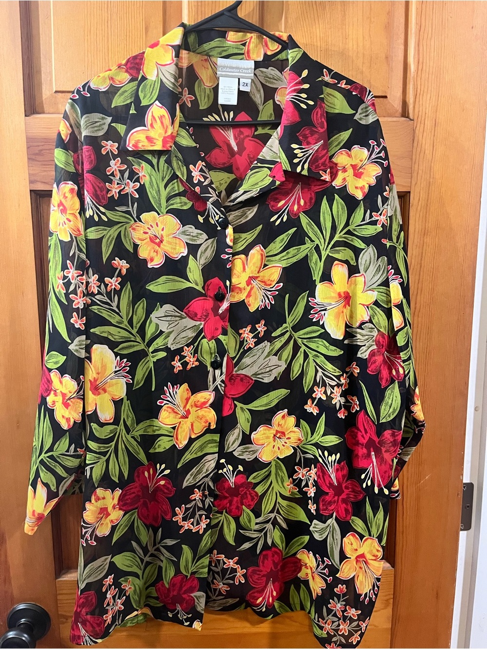 Coldwater Creek 2X Sheer Floral Button Down Blouse 3/4 Sleeves Tropical Vibrant